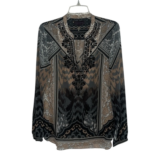Hale Bob Black and Tan Beaded Neckline Blouse Size Medium - Picture 1 of 9